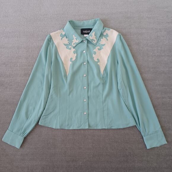 Collectif Western Shirt Womens M Embroidered Pearl Snap Retro Yoke Turquoise - Picture 11 of 11